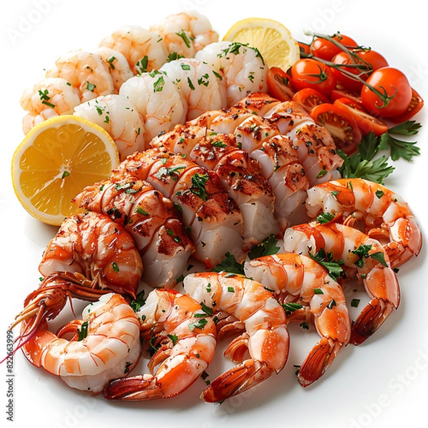 Fototapeta Surf and Turf Product Showcase: Fresh Seafood Against a Clear White Background