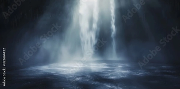 Fototapeta Misty Waterfalls in Dark Room with Light Rays and Fog