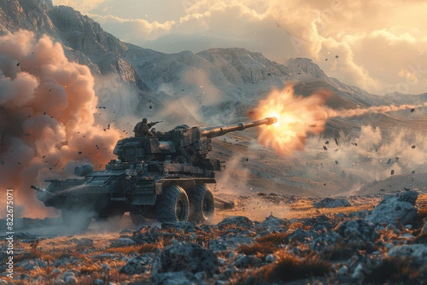 Obraz Field artillery howitzer firing high-explosive shells at distant targets, its crew adjusting aim based on battlefield conditions.  Generative Ai.