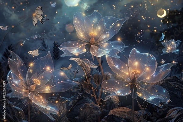 Obraz : A celestial garden where the flowers are made of stardust, blooming under the light of twin moons and surrounded by floating, luminous butterflies.