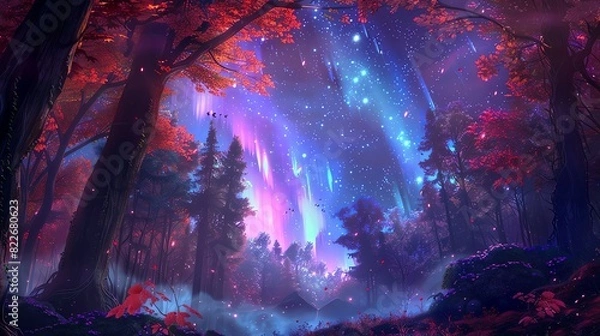 Fototapeta A vibrant forest scene with red maple leaves, tall trees and the northern lights in the sky, creating an enchanting atmosphere. The colors of purple blue pink light up the night sky. Digital illustrat