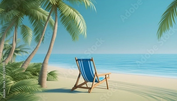 Obraz Beach scene with a blue ocean, coconut trees, and empty beach chair. 3D render
