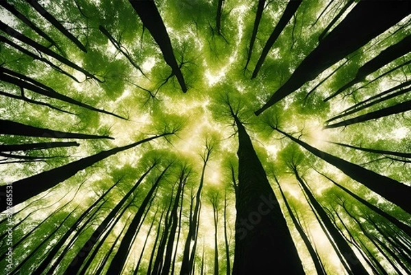 Fototapeta Sunlight filtering through lush green forest canopy, tall trees from below, vibrant nature scene, serene woodland view, tranquil atmosphere