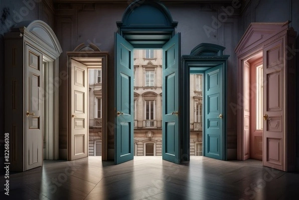 Fototapeta Abstract Surreal doors choices. Future way. Generate Ai