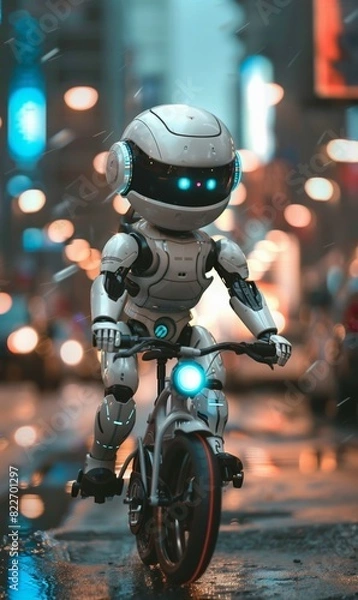 Fototapeta cute smart cyborg robot riding bicycle at city street, funny robot cycling, artificial intelligence of future concept