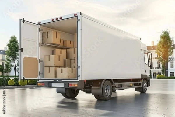 Fototapeta Nighttime logistics scene with a truck interior in a warehouse, highlighting efficient moving and transport services with organized packing and professional delivery.