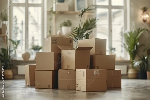 Fototapeta Illustration of Man with Cardboard Boxes in Office, Modern Setting, Digital Art