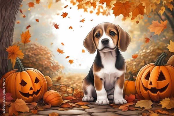 Obraz Description: A charming illustration depicts an adorable Beagle puppy, set against a Halloween backdrop with pumpkins