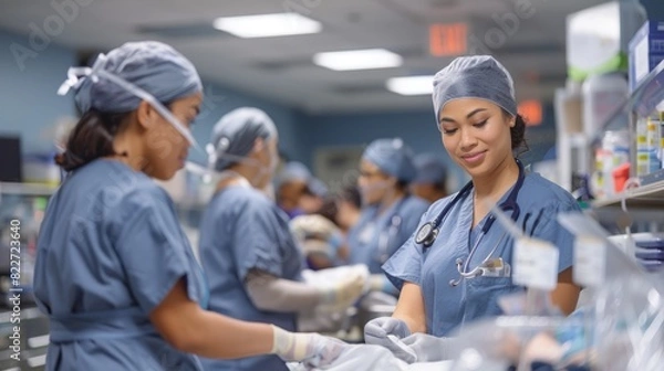 Fototapeta A dynamic scene with multiple nurses in scrubs working together in an emergency room, tending to patients, checking monitors, and preparing medical supplies, highlighting teamwork and dedication