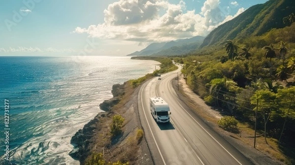 Fototapeta Aerial view of RV motorhome camper on the tropical coastal highway. Beautiful scenery with the sea and palm trees