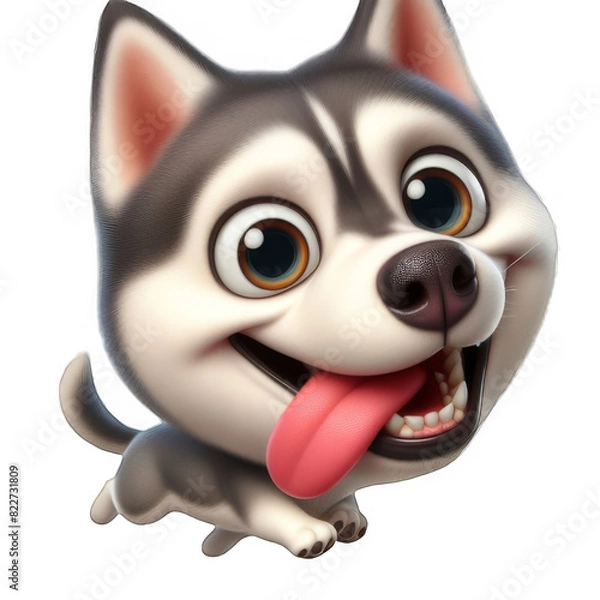 Fototapeta Funny and playful husky or pet dog is playing and jumping and looks happy isolated on transparent background. Little husky dog pretending. Cute and happy crazy dog ​​head smiling on transparent png