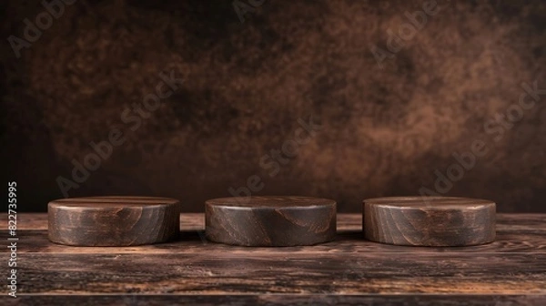Fototapeta Rustic wood podium display for food perfume jewellery and cosmetic products on dark brown background Front view : Generative AI
