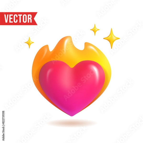 Fototapeta 3D heart on fire emoji isolated on white background. Vector illustration.