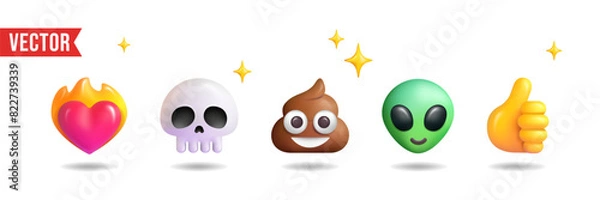 Fototapeta Set of five 3D emoji signs isolated on white background. Heart on fire, skull, poop, alien, thumbs up. Vector illustrations.