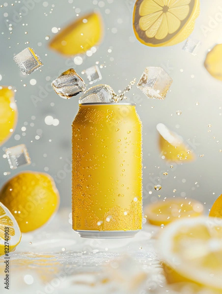 Fototapeta Lemon Soda Splash
A can of lemon soda surrounded by ice cubes and lemon slices, creating a refreshing burst of flavors. Perfect for campaigns promoting refreshing beverages and summer vibes