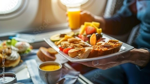 Fototapeta Delicious breakfast on the plane closeup Man Hand Airline food Plane Food Wallpaper Background : Generative AI