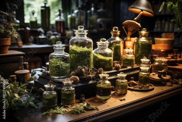Fototapeta Perfume Laboratory with Sage and Aromatic Notes., generative IA