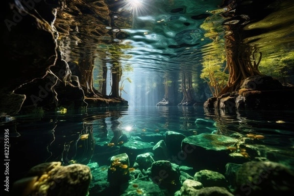 Fototapeta Natural source surrounded by serene aquatic plants., generative IA