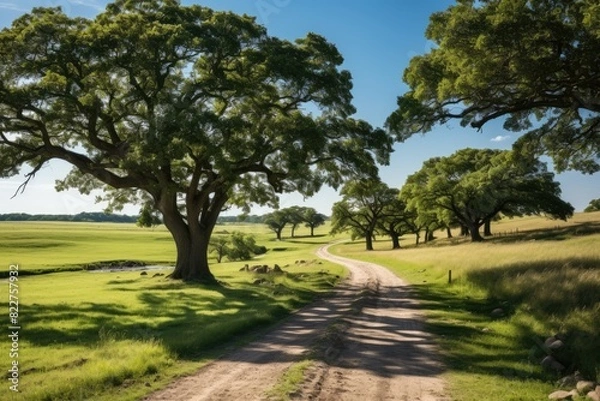 Fototapeta Spaced trees in serene green field., generative IA