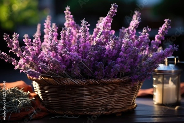 Obraz Fresh lavender branches in wicker basket., generative IA