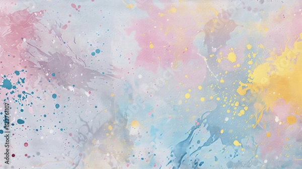 Fototapeta Pastel Paint Splatters in Soft Hues of Pink, Blue, and Yellow - Delicately Scattered Across a Light Gray Backdrop with Canvas or Cloth-Like Texture
