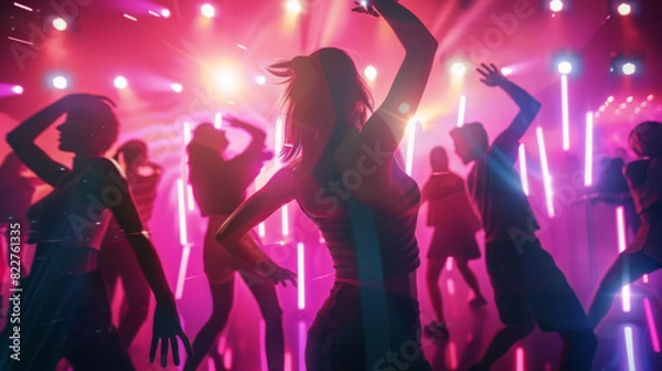 Fototapeta A group of people are dancing in a club with bright lights