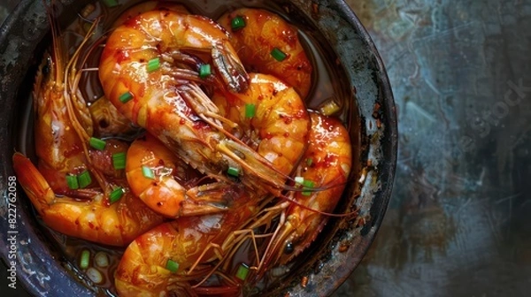 Fototapeta Top view of delicious shrimp soaked in Chinese wine named drunken shrimp for lunar new year's dishes
