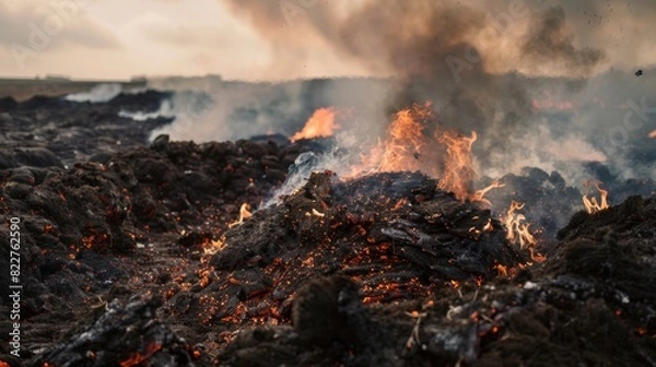 Fototapeta A smoldering fire fueled by thick dark chunks of peat symbolizing the destructive impact of draining peatland for energy.