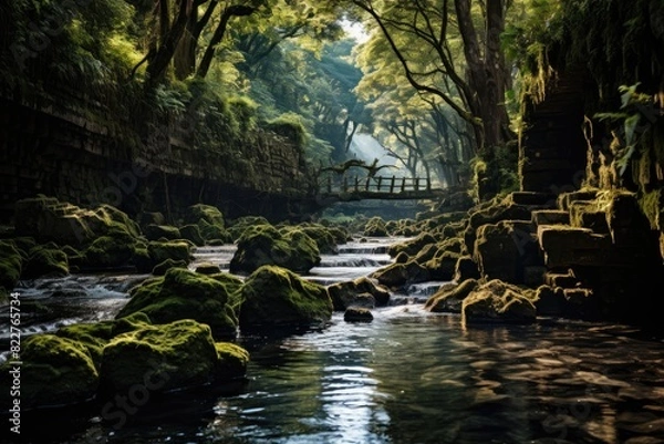 Fototapeta Hidden waterfall between trees and stones., generative IA