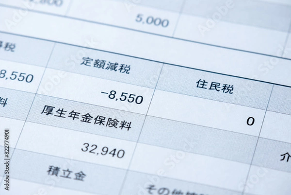 Obraz 定額減税額が明記され、住民税額が0円と表示されている給与明細のアップ。
