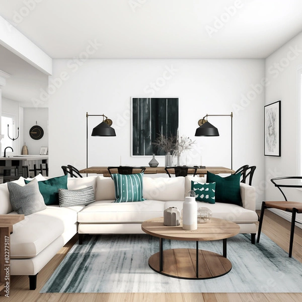 Fototapeta The Photography Image of Modern Elegance Living Room and Dining Space. Perfect for design inspiration, this high-resolution image captures the essence of trendy and functional living spaces
