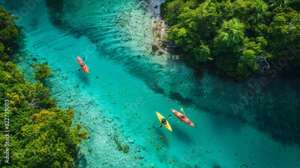 Fototapeta Three people are kayaking in a river with trees in the background