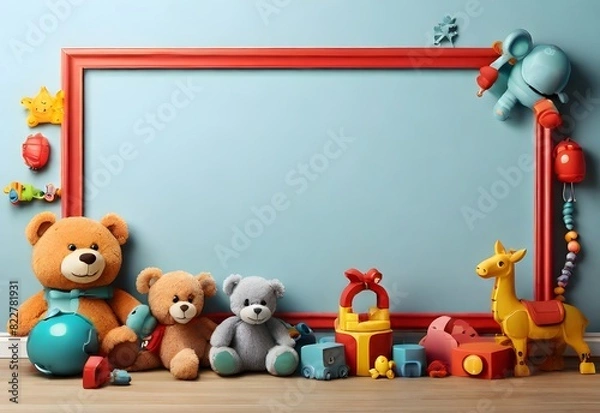 Fototapeta A children’s-themed blank text box with playful toys, ideal for kid-friendly content, generative AI