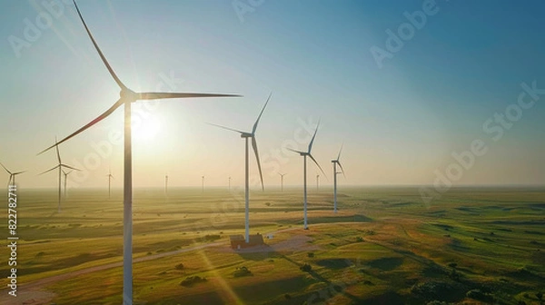 Fototapeta A field of wind turbines with the sun shining on them