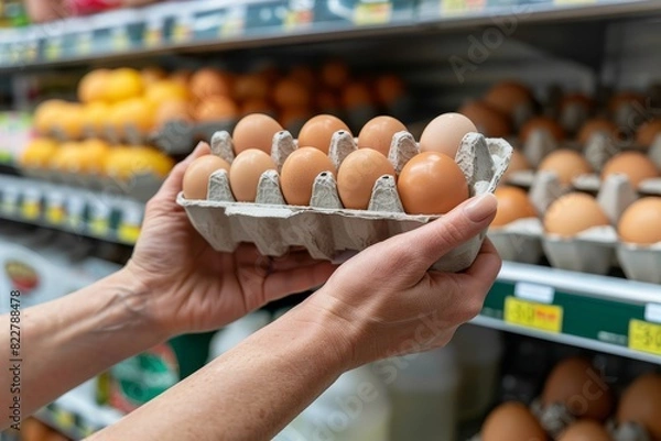 Fototapeta Closeup of hands holding an egg carton in the grocery store, with shelves displaying various eggs and milk products in the background.