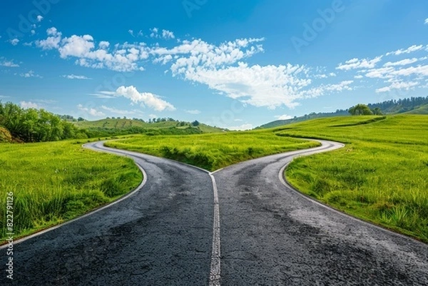 Fototapeta Fork in the road with two different paths leading to distant horizon, blue sky and white clouds, green grass on both sides of the asphalt road, beautiful landscape with hills and trees