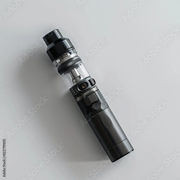 Fototapeta A modern e-cigarette lying on a plain white background showcasing its design and components