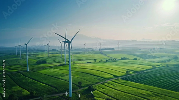 Fototapeta A large field of wind turbines with a clear blue sky in the background