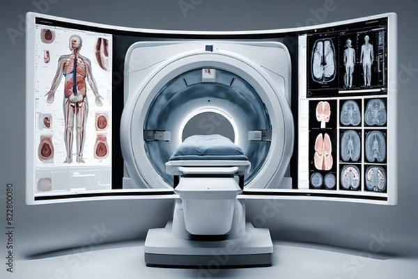 Fototapeta MRI CT scan machine, high-resolution imaging, cross-sectional human body images, modern medical technology, detailed precision, advanced diagnostics.