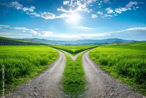Fototapeta Two roads cross each other in the distance, with green grass on both sides and blue sky above, creating an empty scene.