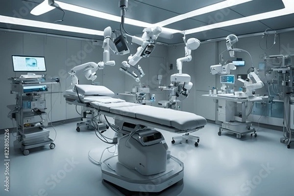 Fototapeta Futuristic operating room, advanced robotic surgery equipment, high-tech medical facility, sterile environment, cutting-edge healthcare technology, modern surgical suite