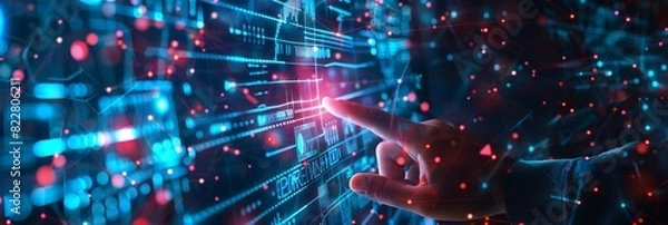 Fototapeta Digital technology, internet network connection concept. Finger touching on virtual screen with futuristic technology background, data exchange, digital transformation