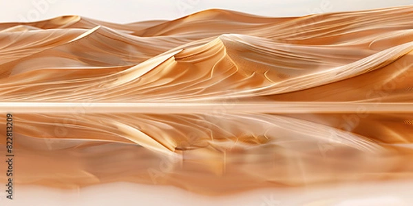 Fototapeta The Shifting Sands: A desert landscape with dunes of sand flowing in the wind, forming and reforming, reflected on a smooth, polished surface.