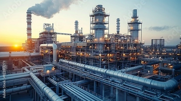 Fototapeta Industrial Background, Exterior view of a factory with a tangle of pipes and ducts, against a backdrop of industrial buildings and smokestacks. Illustration image,