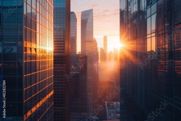 Fototapeta A dawn cityscape with modern architecture and the sun rising behind glass buildings