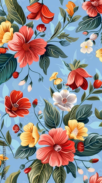 Fototapeta Collection of colorful floral elements in flat color. Set of spring and summer wild flowers, plants, branches, leaves and herb.