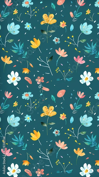 Fototapeta Collection of colorful floral elements in flat color. Set of spring and summer wild flowers, plants, branches, leaves and herb.