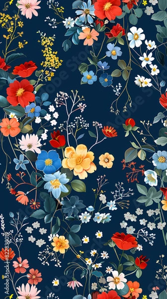 Fototapeta Collection of colorful floral elements in flat color. Set of spring and summer wild flowers, plants, branches, leaves and herb.