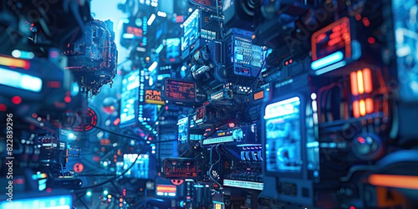 Fototapeta Blue Cybernetic Bazaar: Featuring a bustling marketplace where individuals buy and sell illegal cybernetic implants and technology