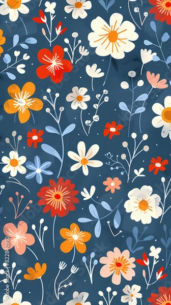 Fototapeta Collection of colorful floral elements in flat color. Set of spring and summer wild flowers, plants, branches, leaves and herb.